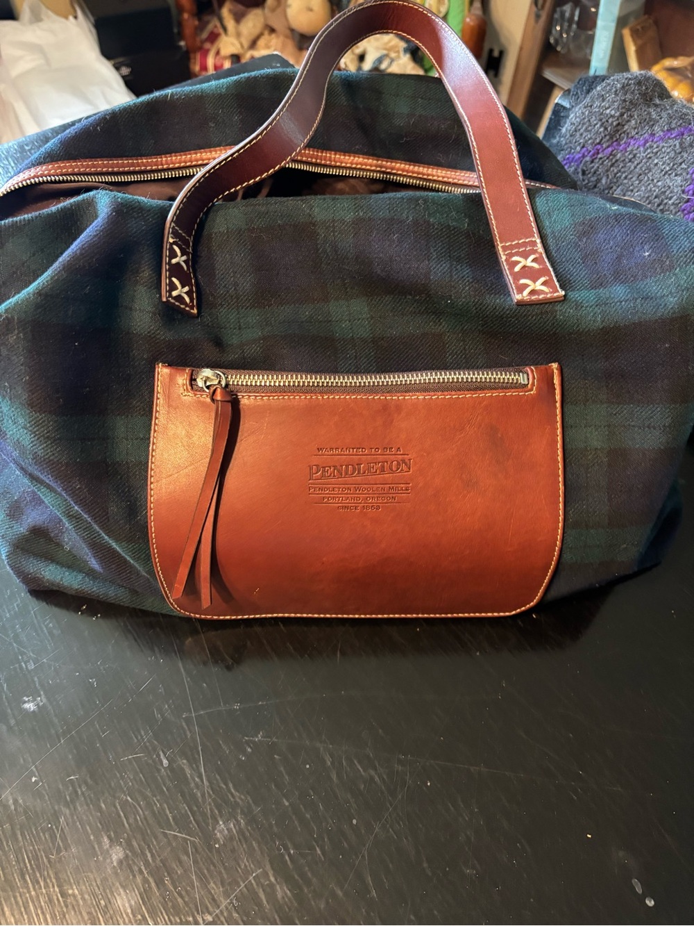 Pendleton Green and Black Plaid Duffel with Brown Leather Trim